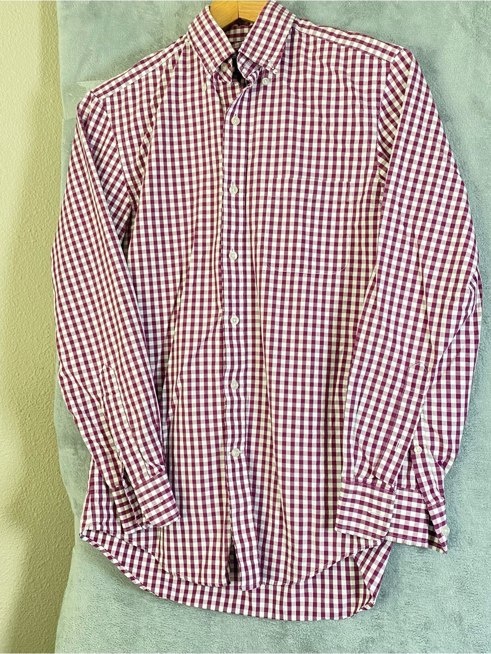 Lands end Men's Button-Down Gingham Shirt in Burgundy and‎ White size 14 1/2-32